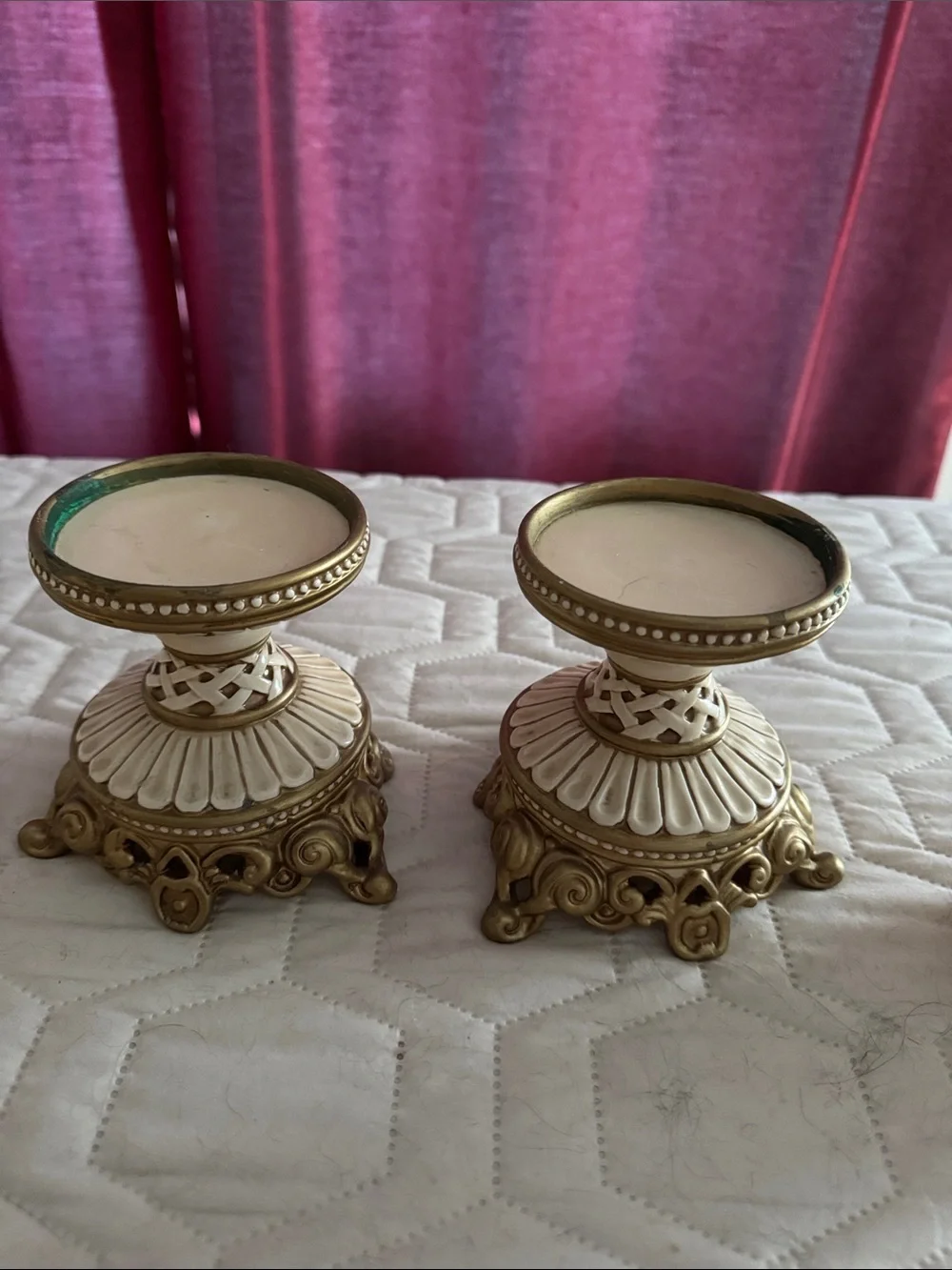 Fitz and Floyd Cream Pillar Candle Holders with Gold Accents